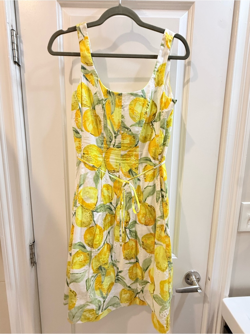 Pappagallo Yellow Lemon-Print Midi Eyelet Detail Tie-Waist Dress